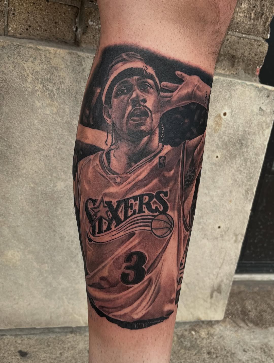 Allen Iverson portrait realism tattoo on the forearm by Denver Tattoo Artist