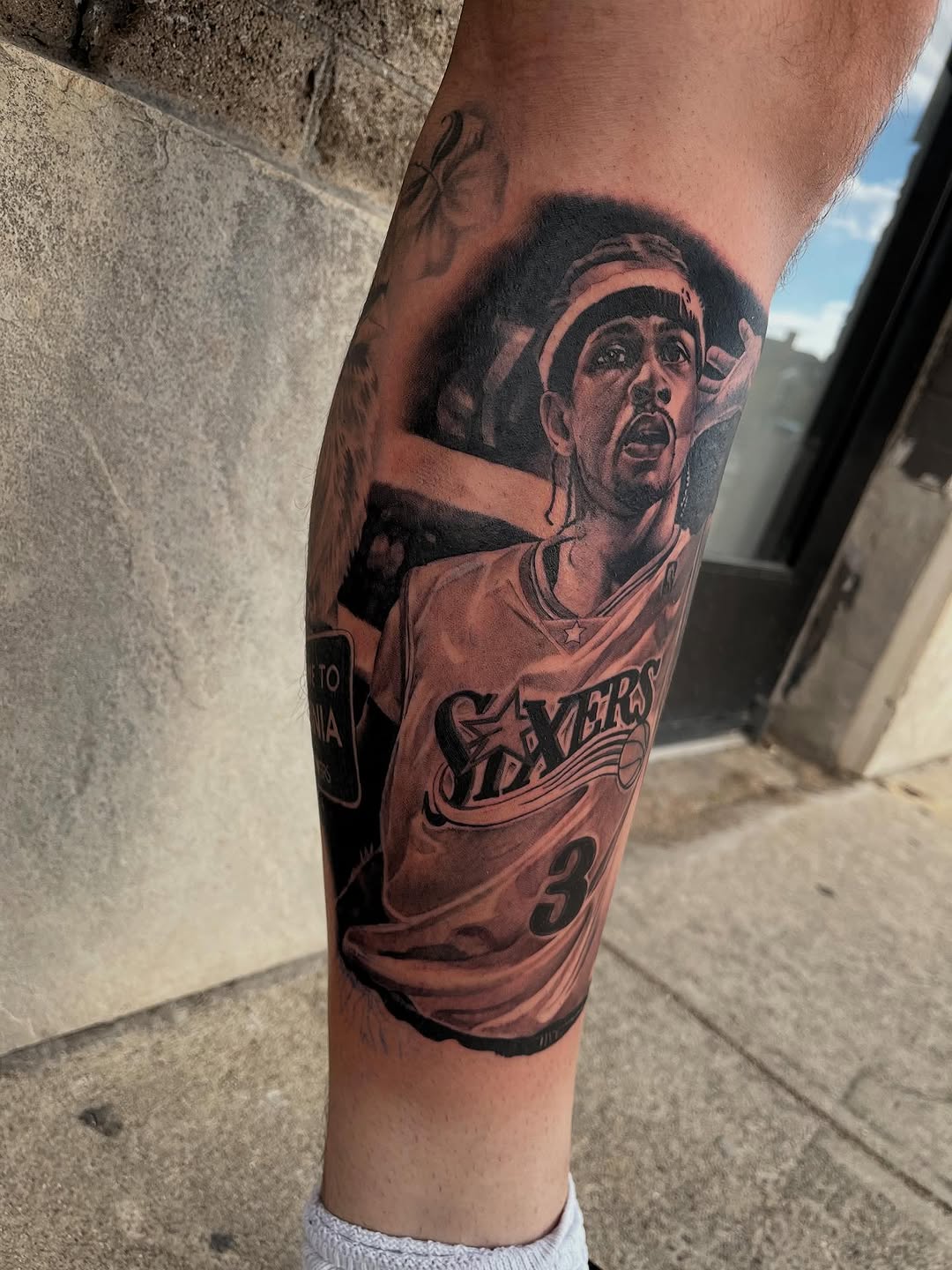 Allen Iverson portrait realism tattoo on the forearm by Denver Tattoo Artist