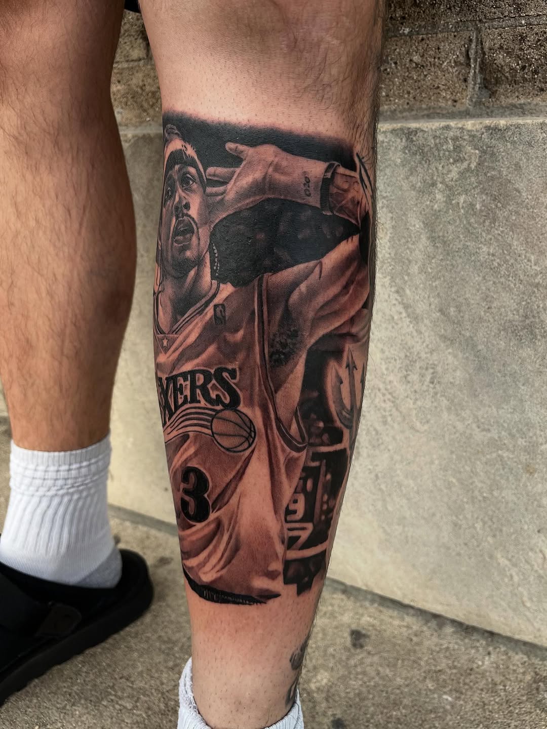 Allen Iverson portrait realism tattoo on the calf by Denver Tattoo Artist