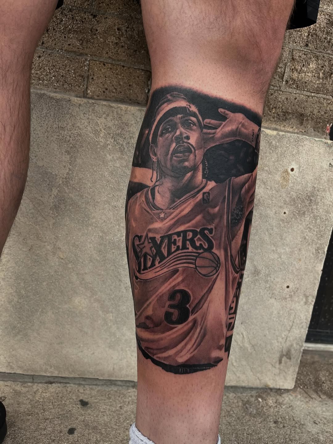Allen Iverson portrait tattoo on the calf by Denver Tattoo Artist