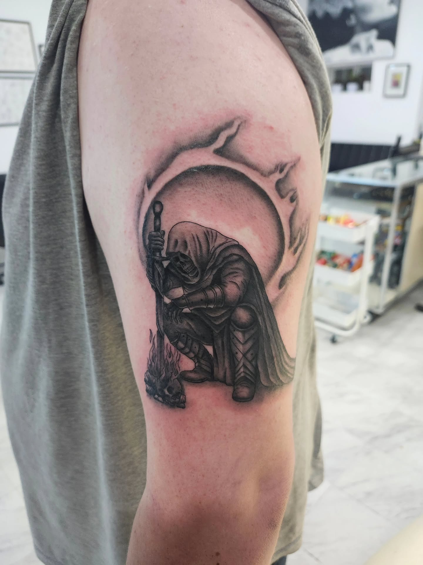 Medieval warrior realism tattoo on the shoulder by Herc
