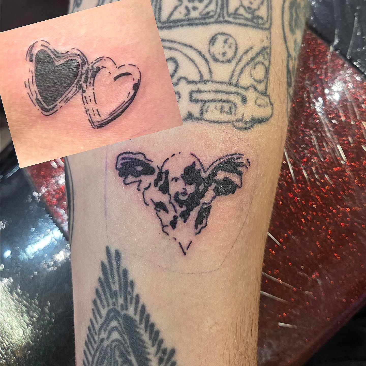 Heart with angel black and grey tattoo on the forearm by Kat Coniglio Art
