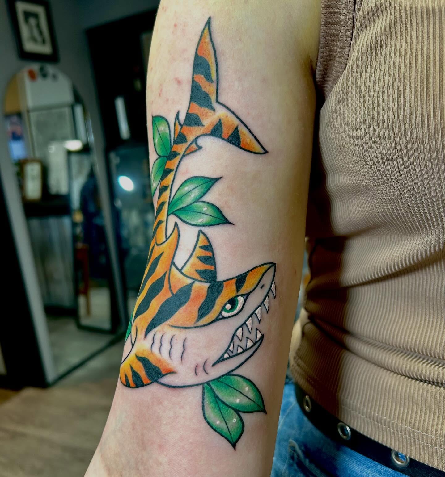 Shark American traditional tattoo on the forearm by darklord_666