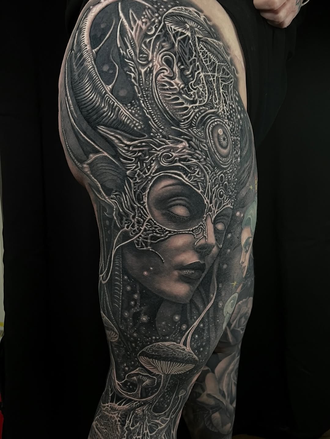 Surreal portrait with mushrooms realism tattoo on the forearm by Gabriel Londis