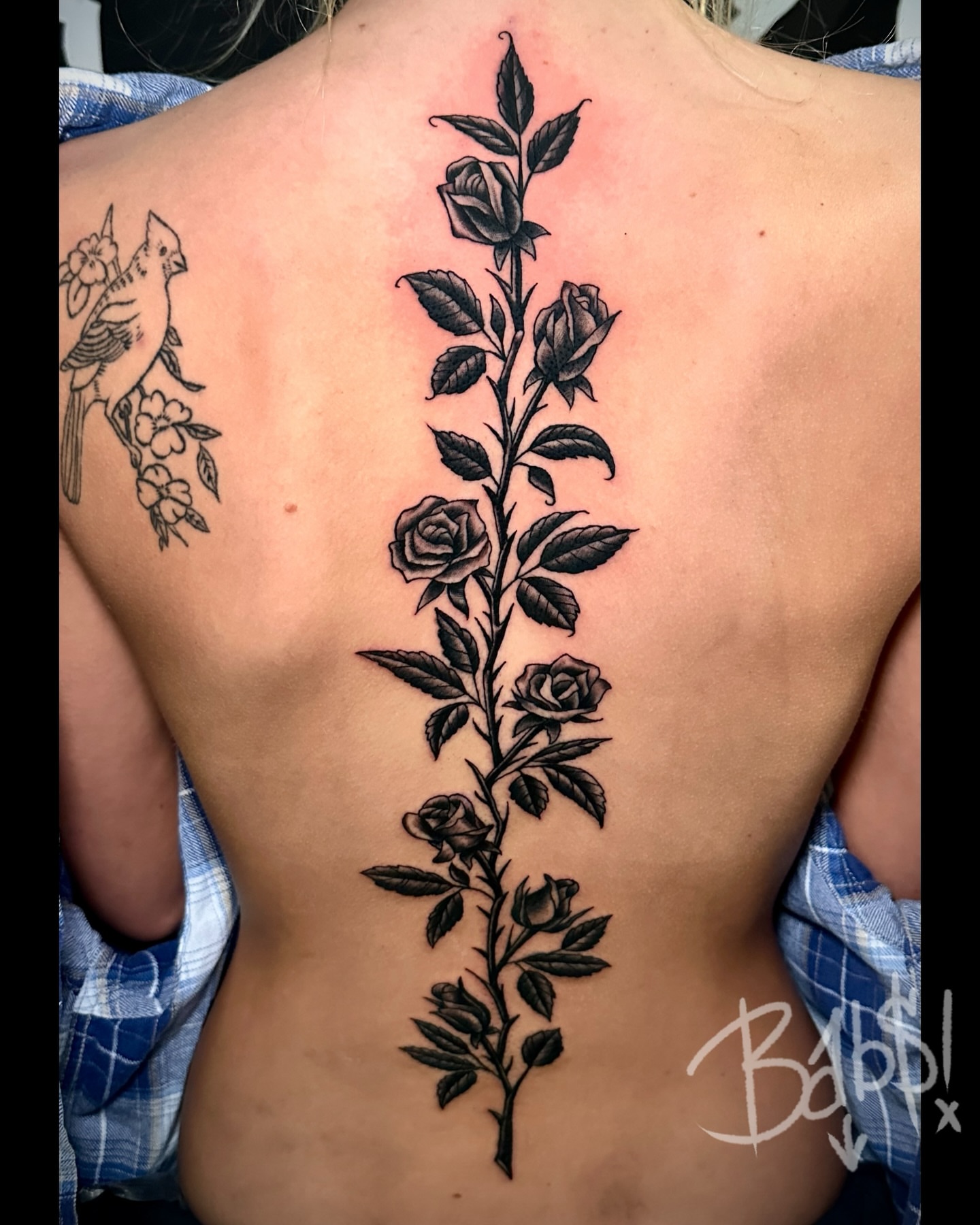 Rose vine black and grey tattoo by Justin B