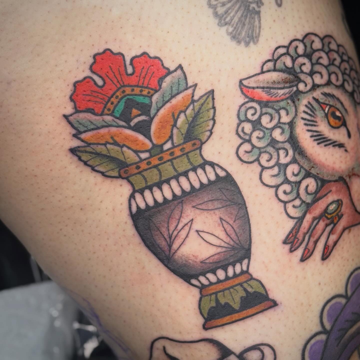 Flower pot American traditional tattoo on the thigh by Jenna Szerszen-Wynn ๐