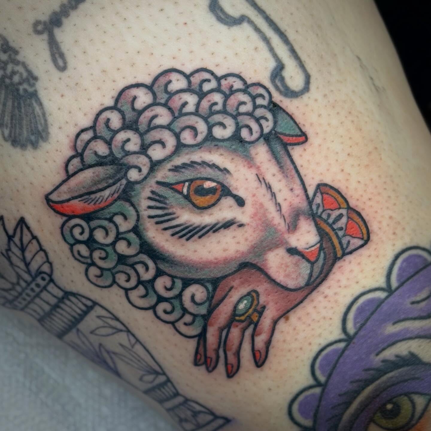 Sheep American traditional tattoo on the thigh by Jenna Szerszen-Wynn ๐