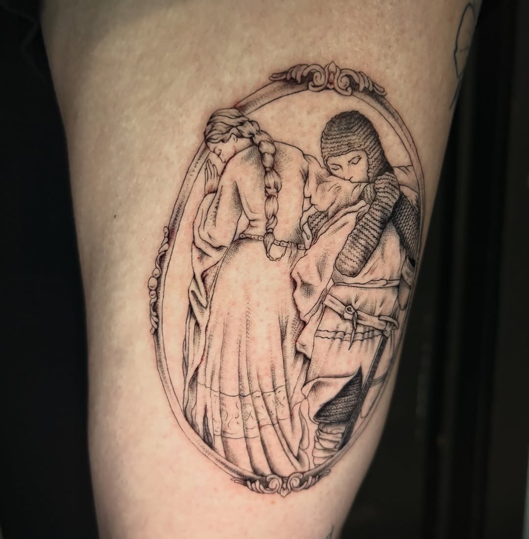 Couple embracing in a mirror frame sketch tattoo on the thigh by Jojo Rose ✨ Denver Tattoo Artist