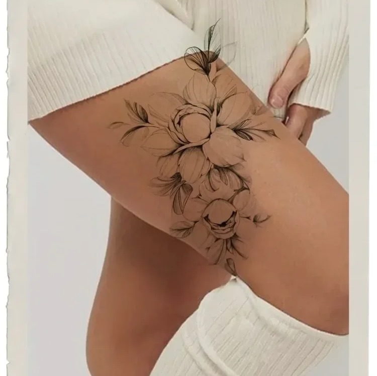 Floral bouquet black and grey tattoo on the thigh by Temple Adorned Tattoo