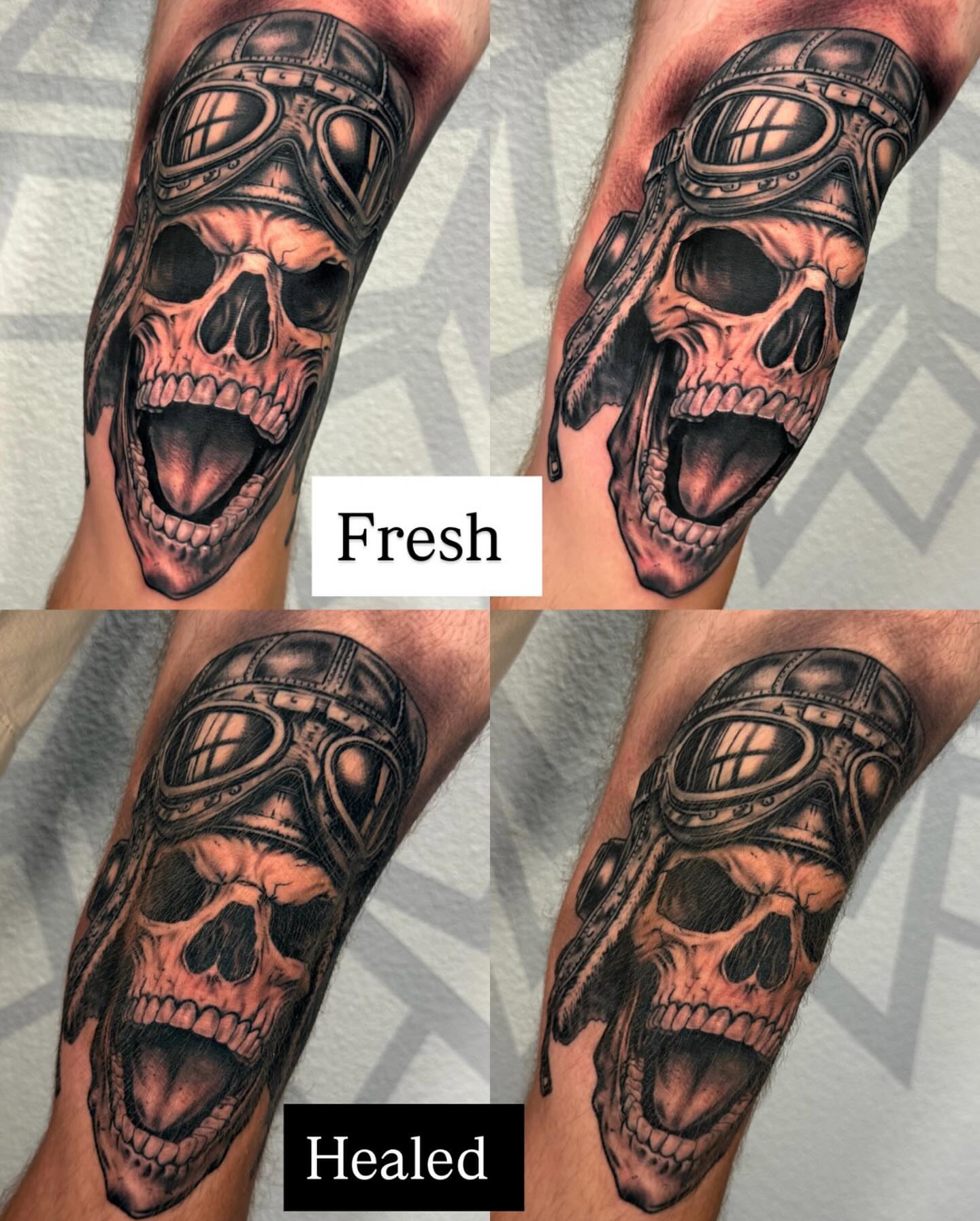 Skull wearing aviator goggles realism tattoo on the forearm by Las Vegas Tattoo Artist, Las Vegas, Nevada