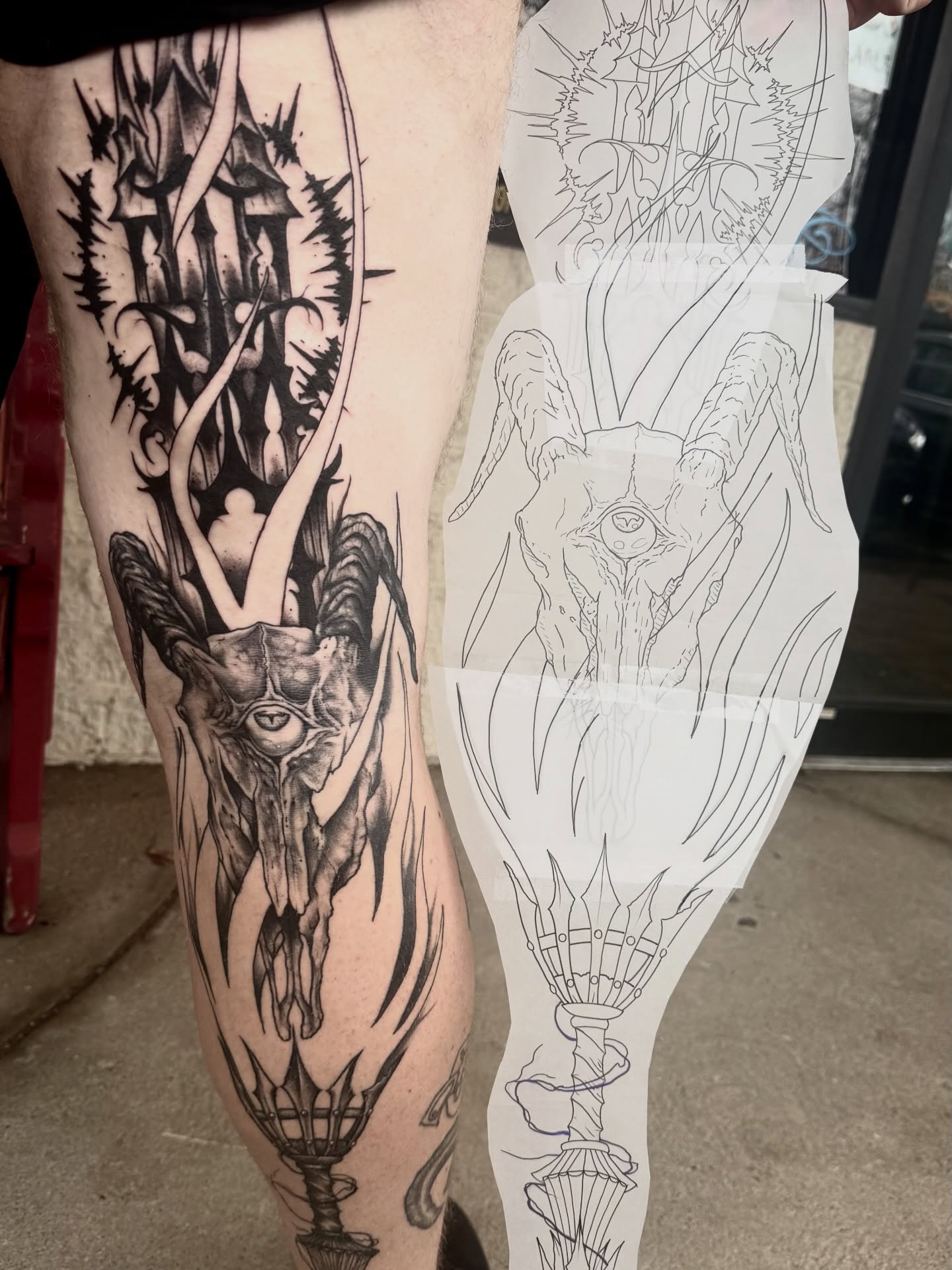 Goat skull and woman dark realism tattoo on the leg by Josh Kronauer