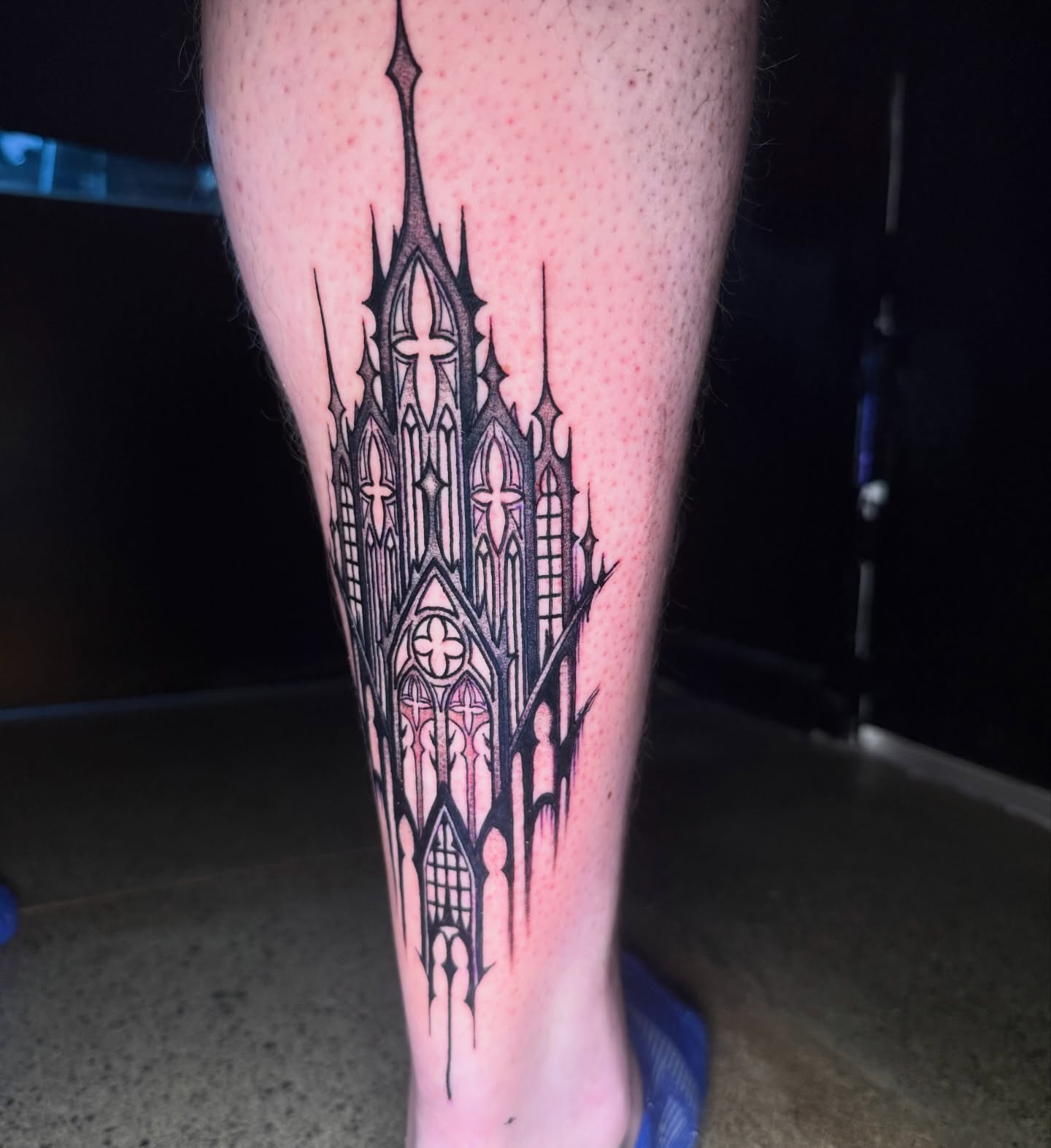 Gothic cathedral black and grey tattoo on the calf by Chloe Peters 🦭🦄🏳️‍🌈