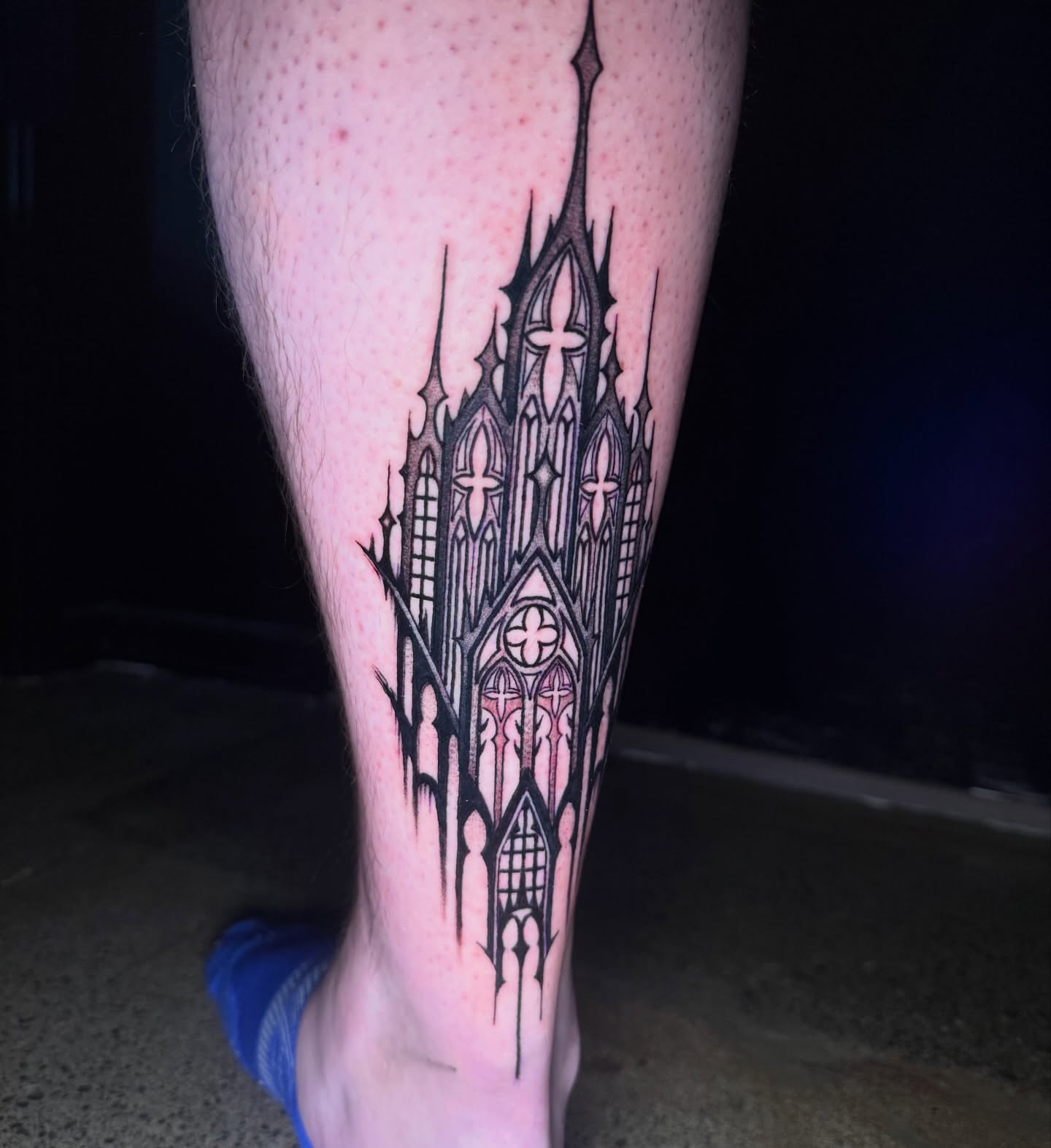 Gothic cathedral black and grey tattoo on the calf by Chloe Peters 🦭🦄🏳️‍🌈