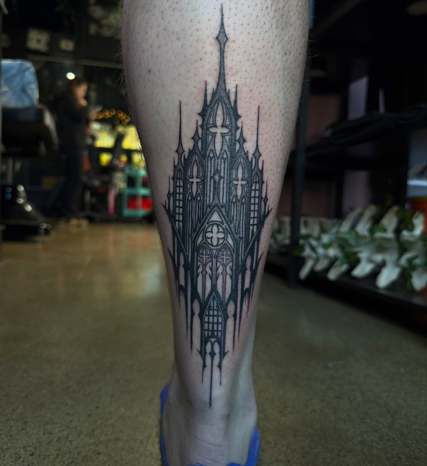 Gothic cathedral black and grey tattoo on the calf by Chloe Peters 🦭🦄🏳️‍🌈