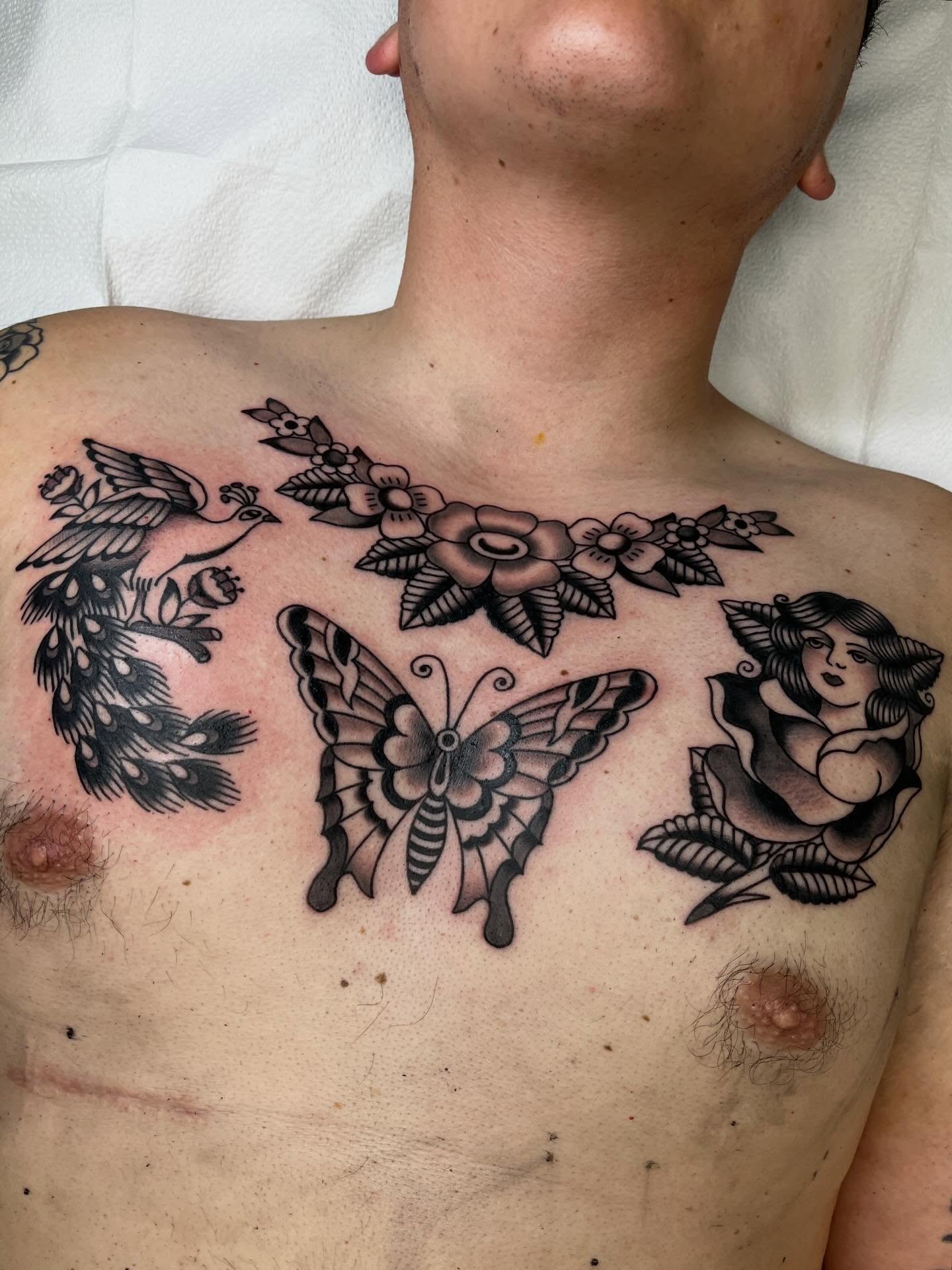 Butterfly and angel black and grey tattoo on the chest by 🌞all Bodies Welcome🌞