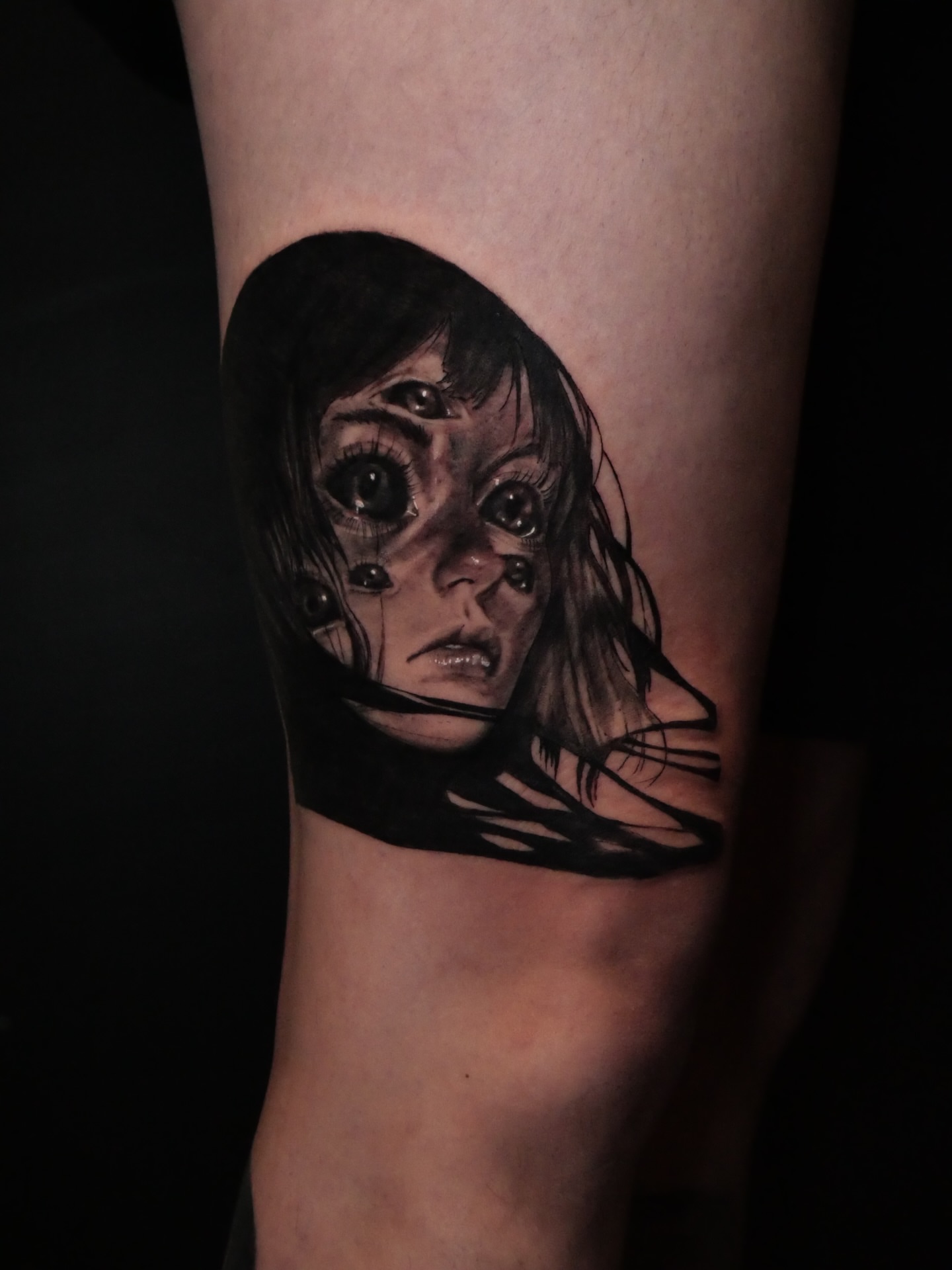 Horror girl dark realism tattoo on the forearm by Sloppy
