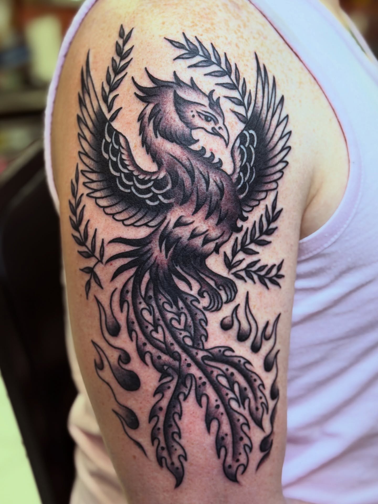 Phoenix black and grey tattoo on the shoulder by morganhabe