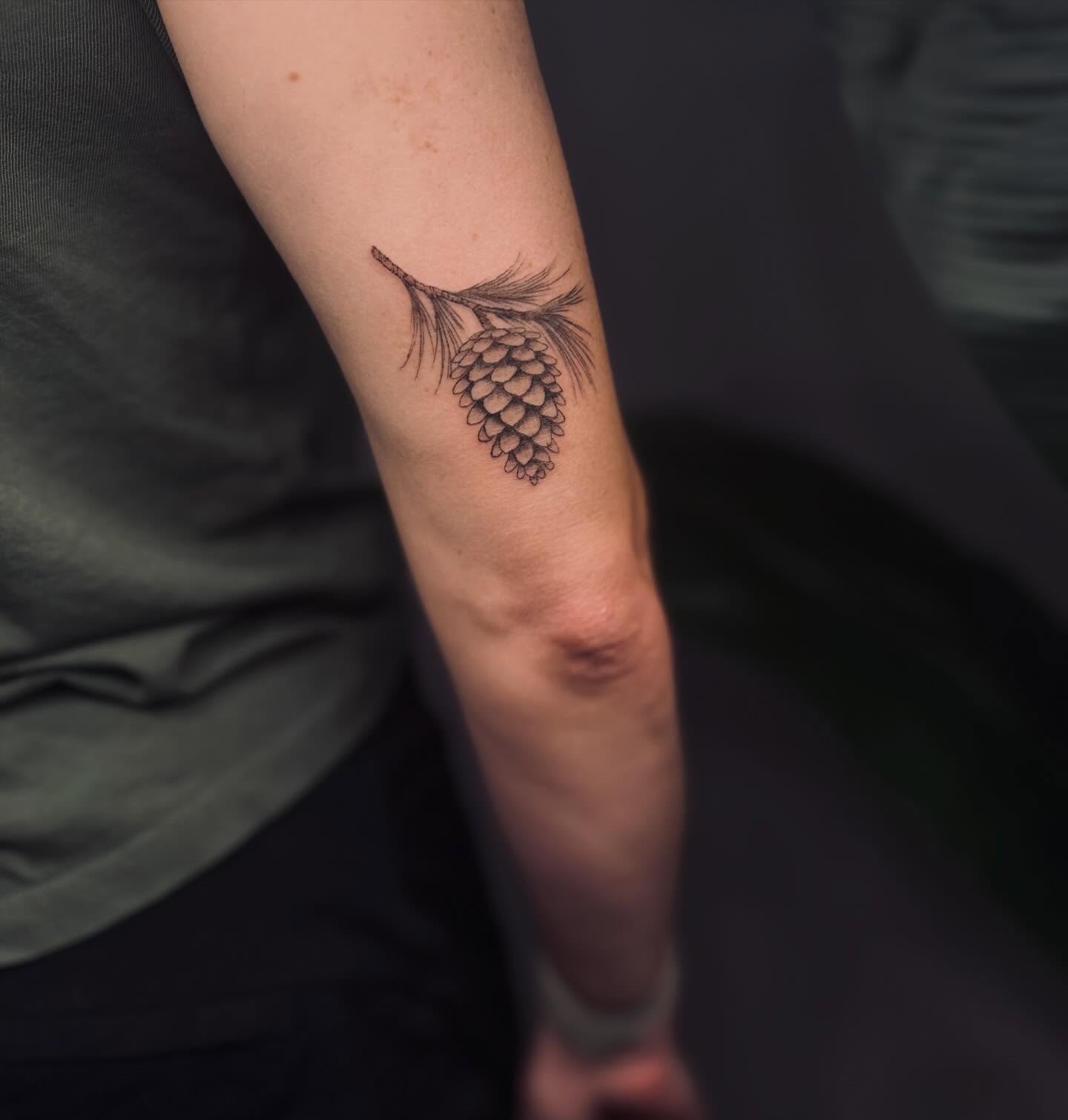 Pinecone black and grey tattoo on the forearm by Ashley Pilgreen