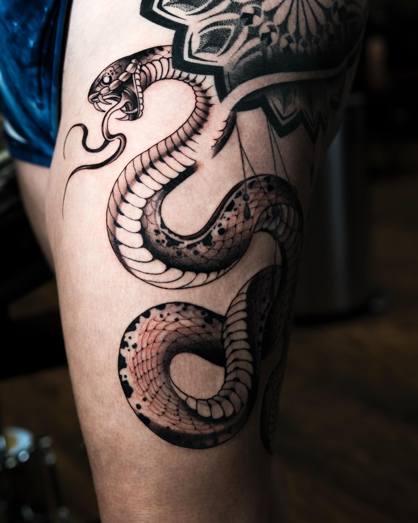 Snake black and grey tattoo on the thigh by Danny Pando