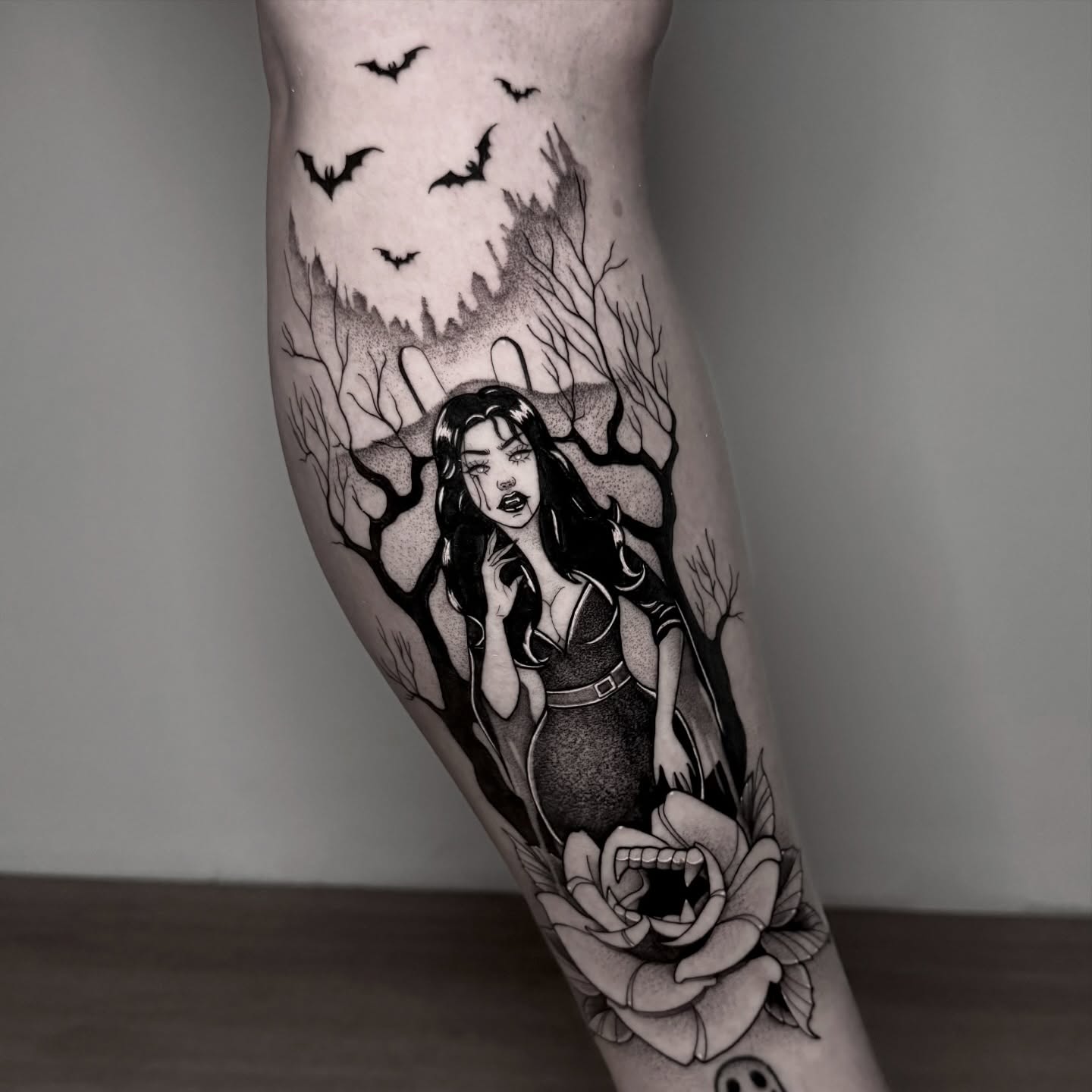 Woman in forest dotwork tattoo on the forearm by ɪᴠᴏɴɴᴇ