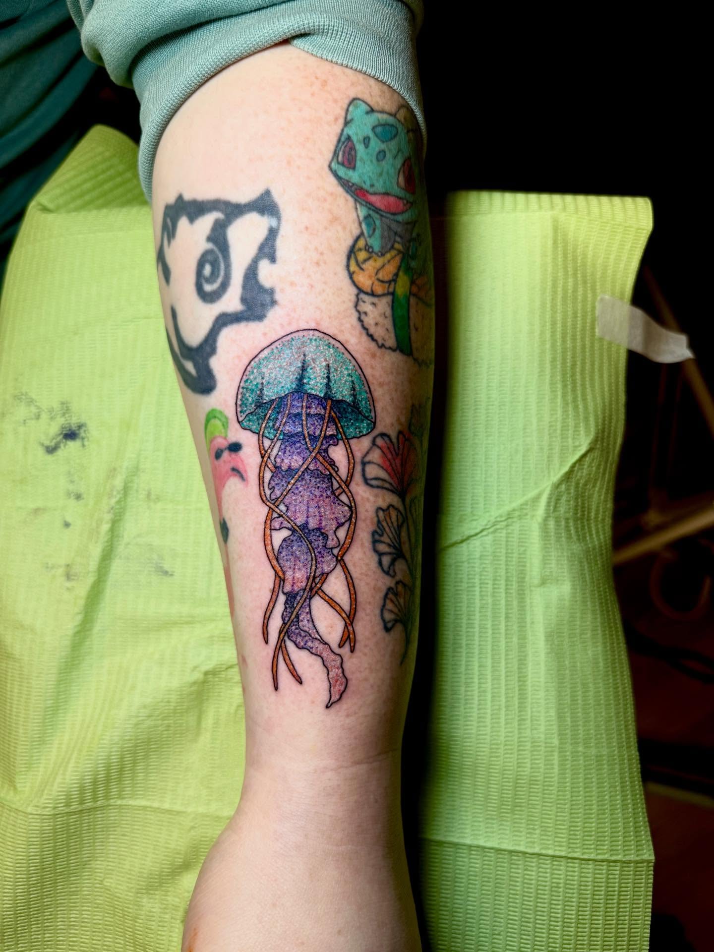 Jellyfish dotwork tattoo on the forearm by Max