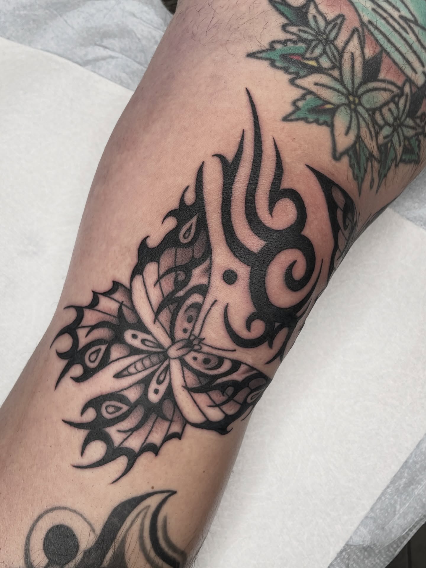 Tribal butterfly tribal tattoo on the forearm by Dakota Jenner