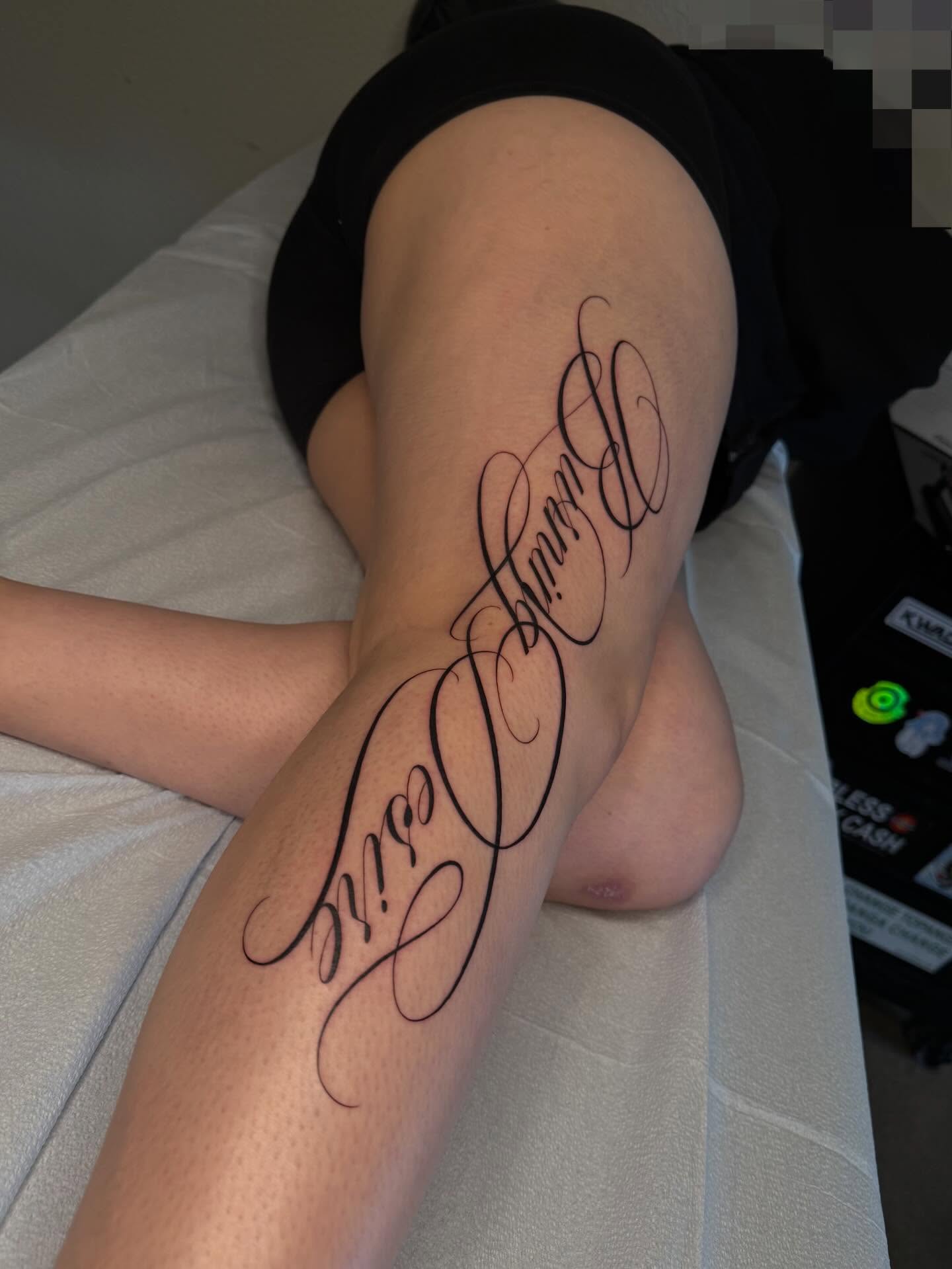 Script lettering lettering script tattoo on the leg by Nayoung, San Francisco, California