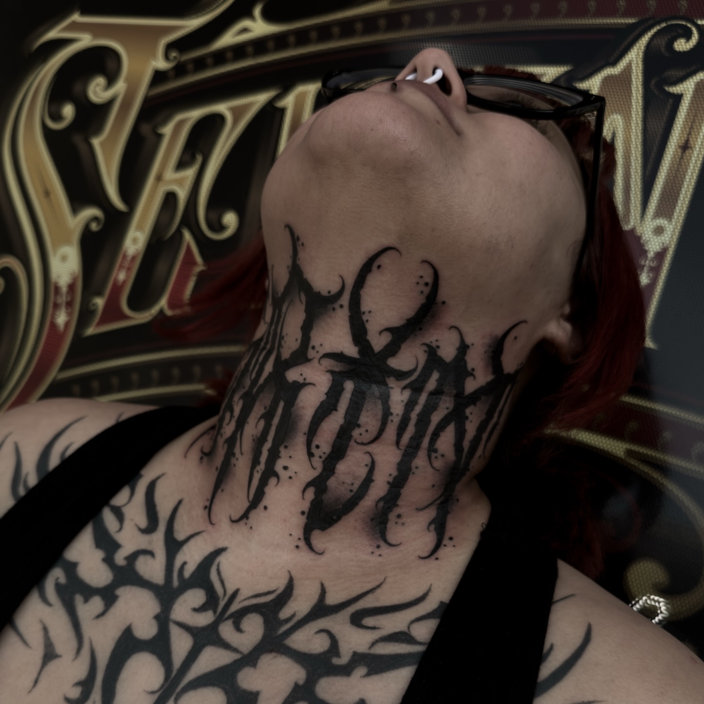 Gothic script black and grey tattoo on the neck by ⚔️Andreas Dolleschal⚔️