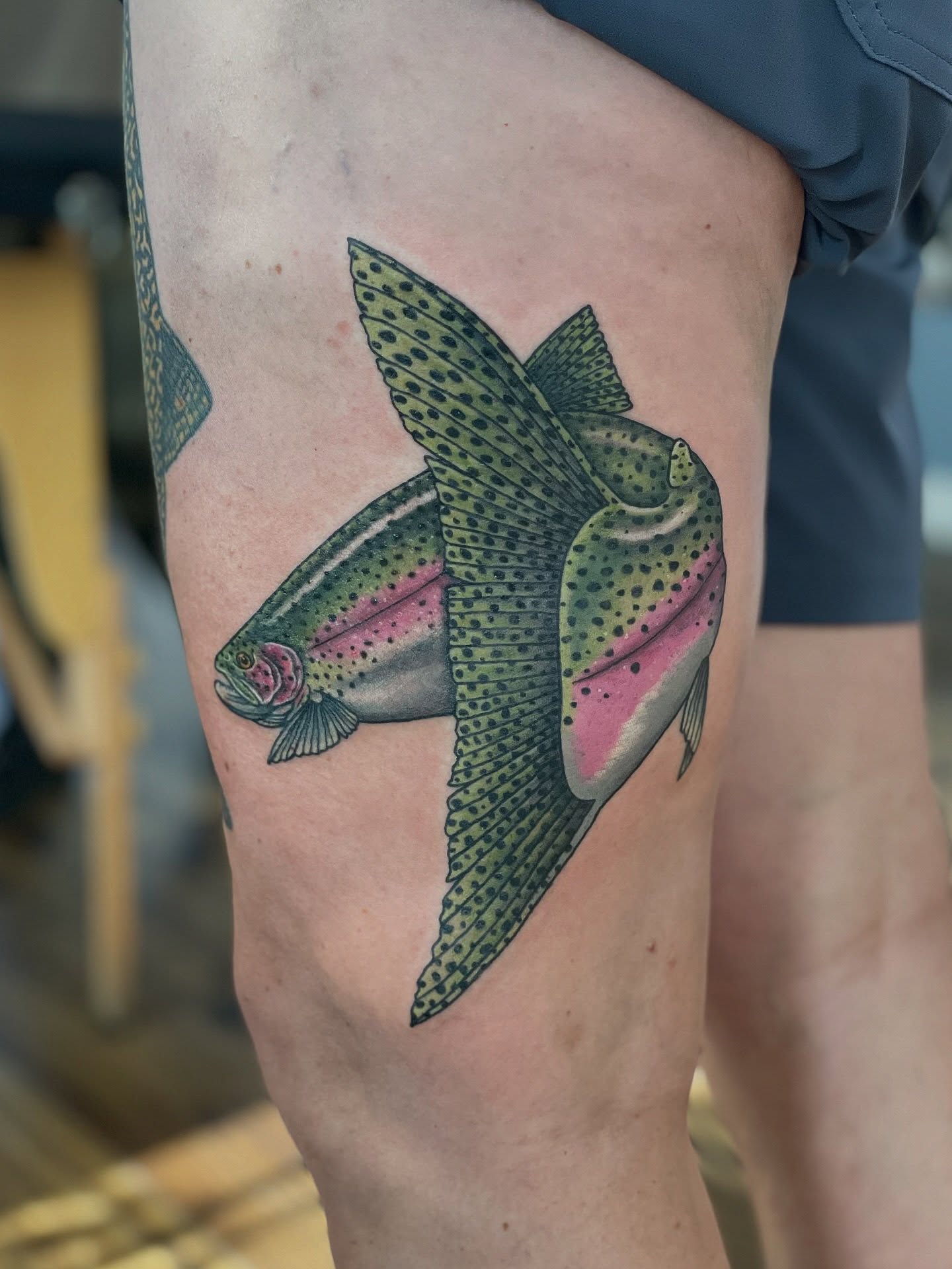 Rainbow trout realism tattoo on the thigh by πΌπ
ππΎπππππ
