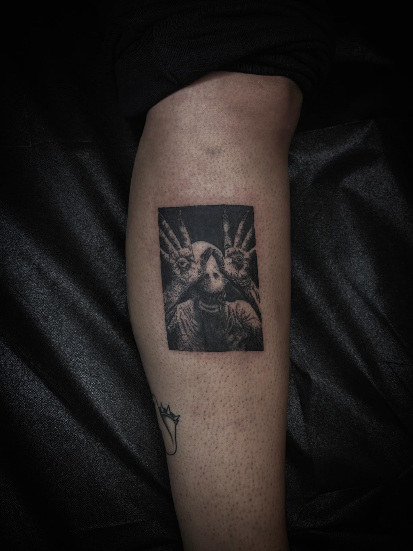 Bird and skull dotwork tattoo on the forearm by Dev