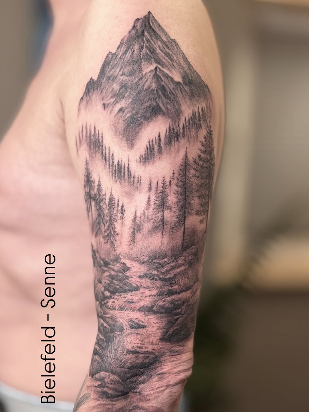 Mountain landscape with forest and river fine line tattoo on the forearm by Die Ivo, Bielefeld, Germany