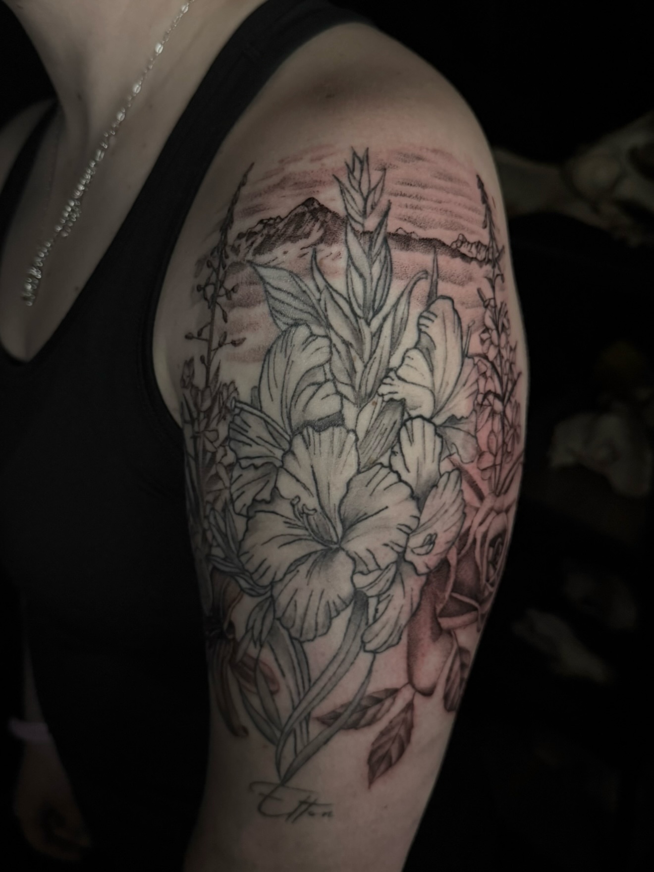 Gladiolus flowers realism tattoo on the upper arm by Alyssa Fazzino ⟡ CT Tattoo Artist, Rocky Hill, Connecticut