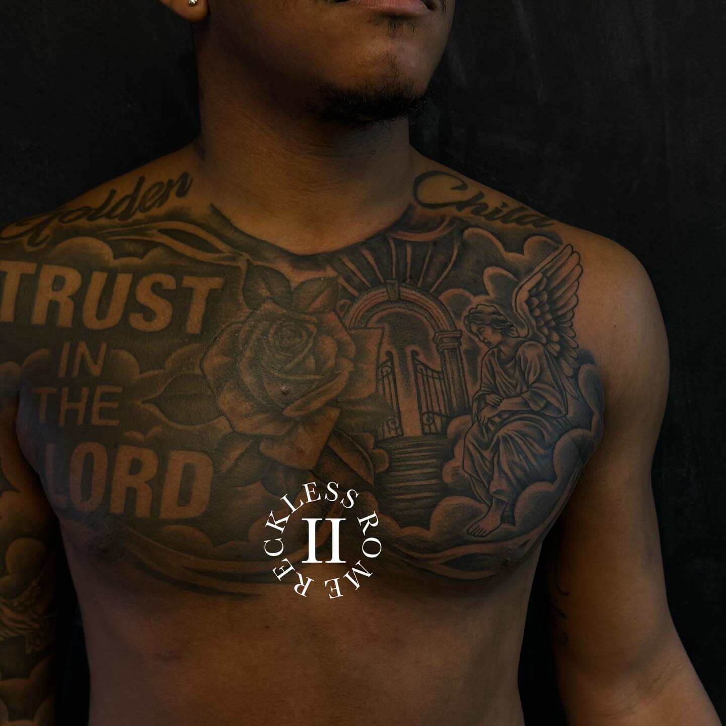 Religious angel American traditional tattoo on the chest by Rome