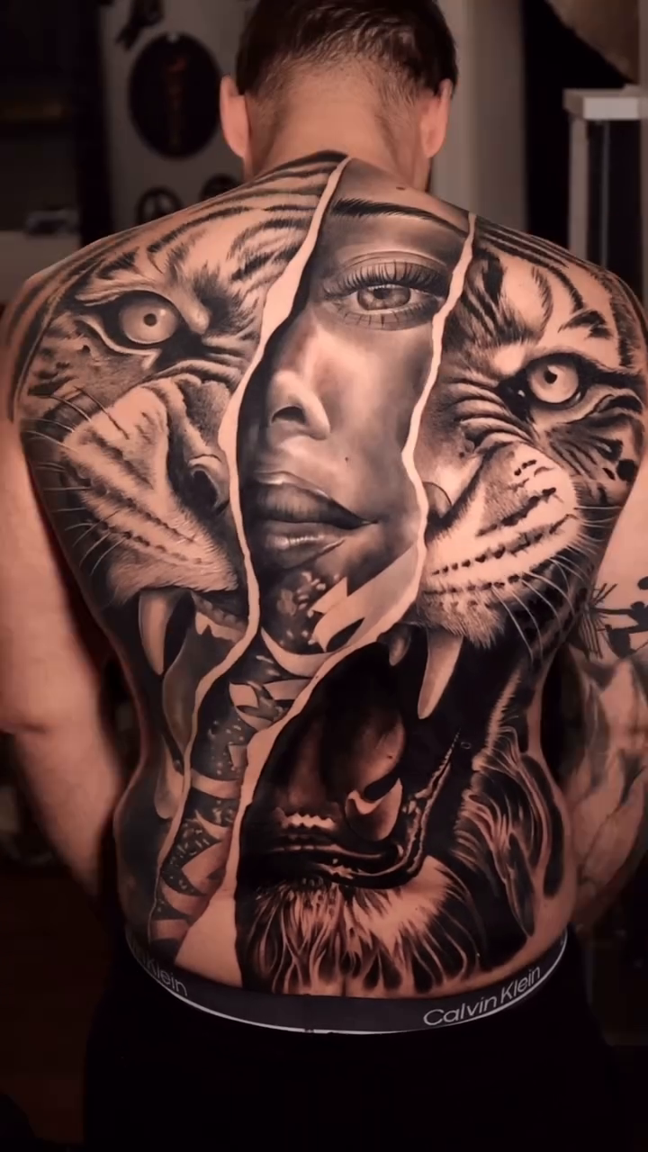 Tiger and woman's face realism tattoo by Ali Saleh 🇱🇧 Detroit Tattoo Artist, Dearborn, Michigan