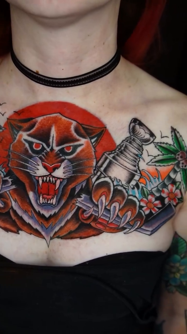 Tiger and hockey trophy neo-traditional tattoo by Bobby Tobin