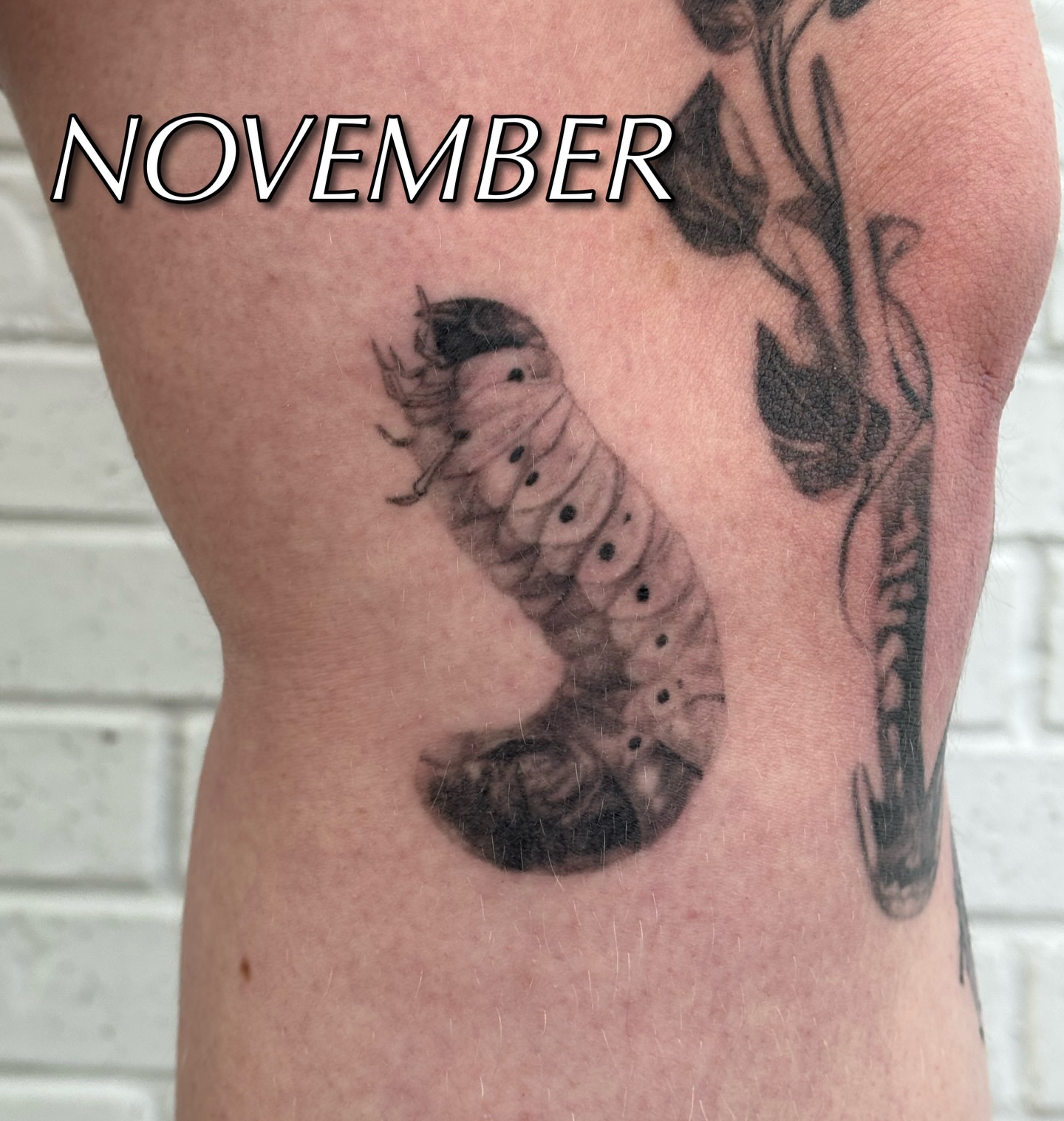 Worm black and grey tattoo on the thigh by jordy