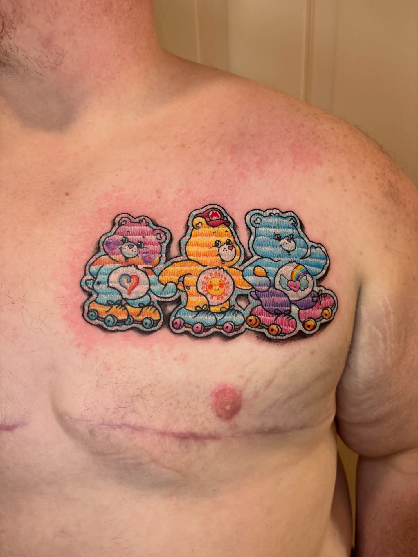 Care bears new school tattoo on the chest by Callum