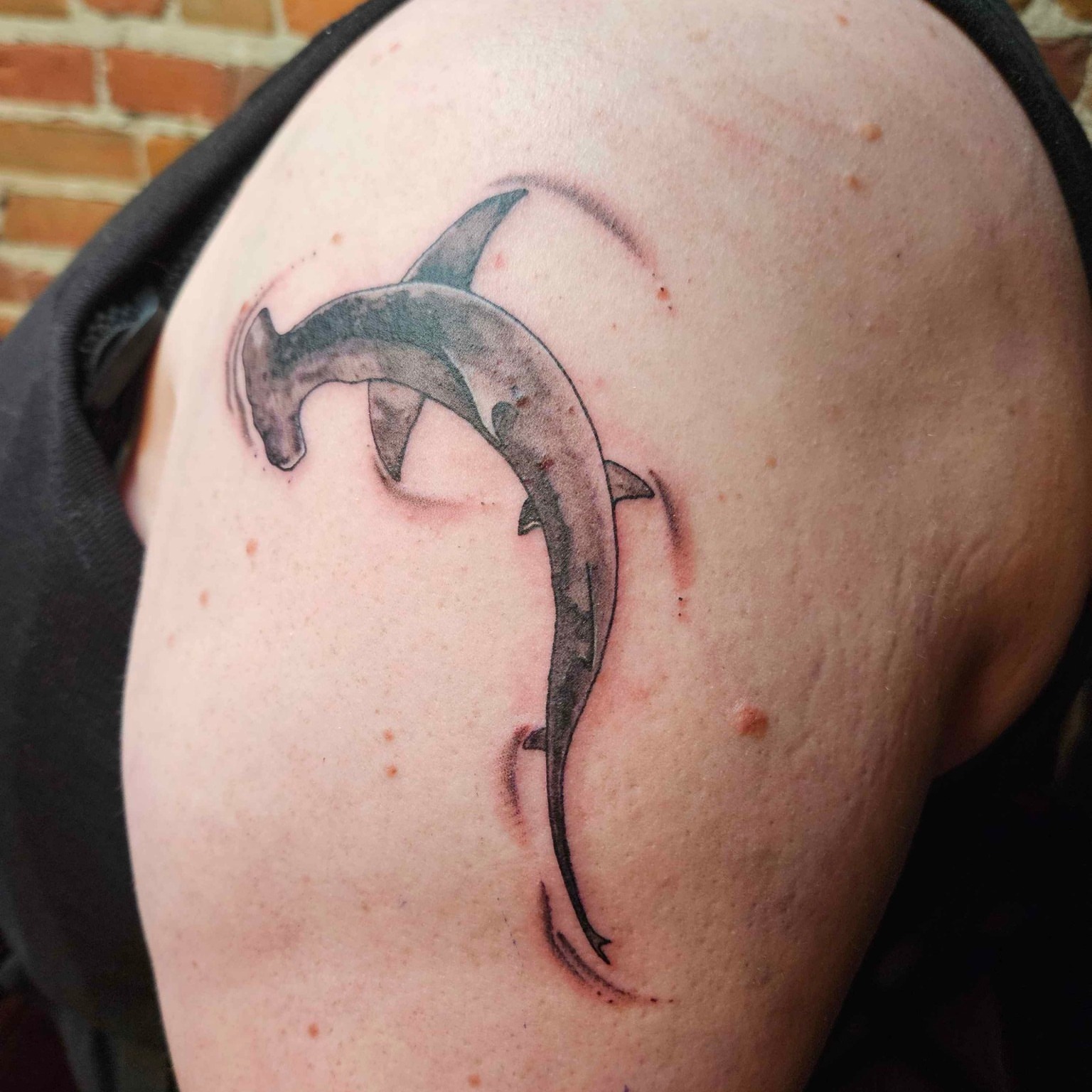 Hammerhead shark realism tattoo on the shoulder by Iram Withencroft