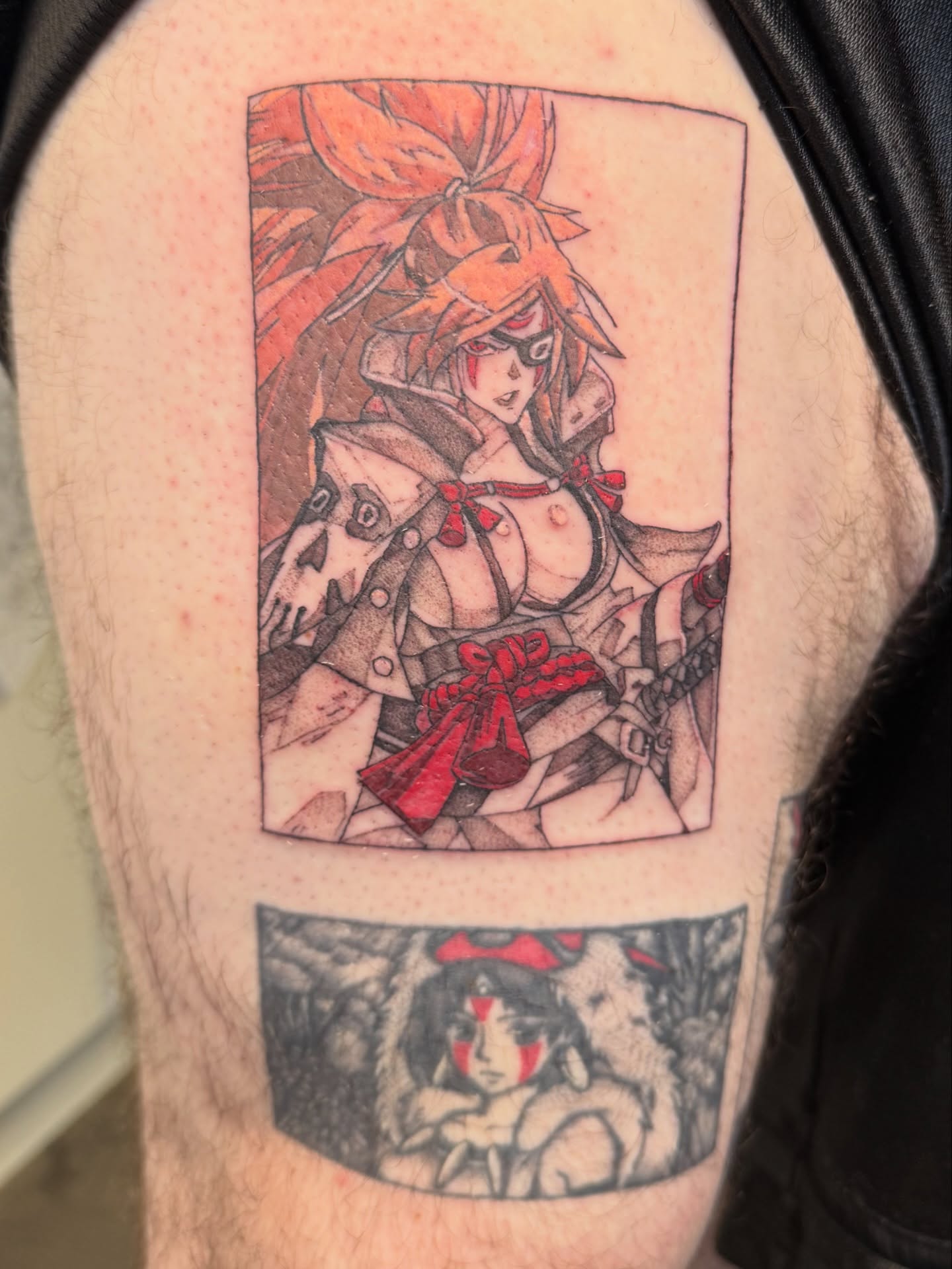 Anime character anime tattoo on the thigh by Alexx Colombo