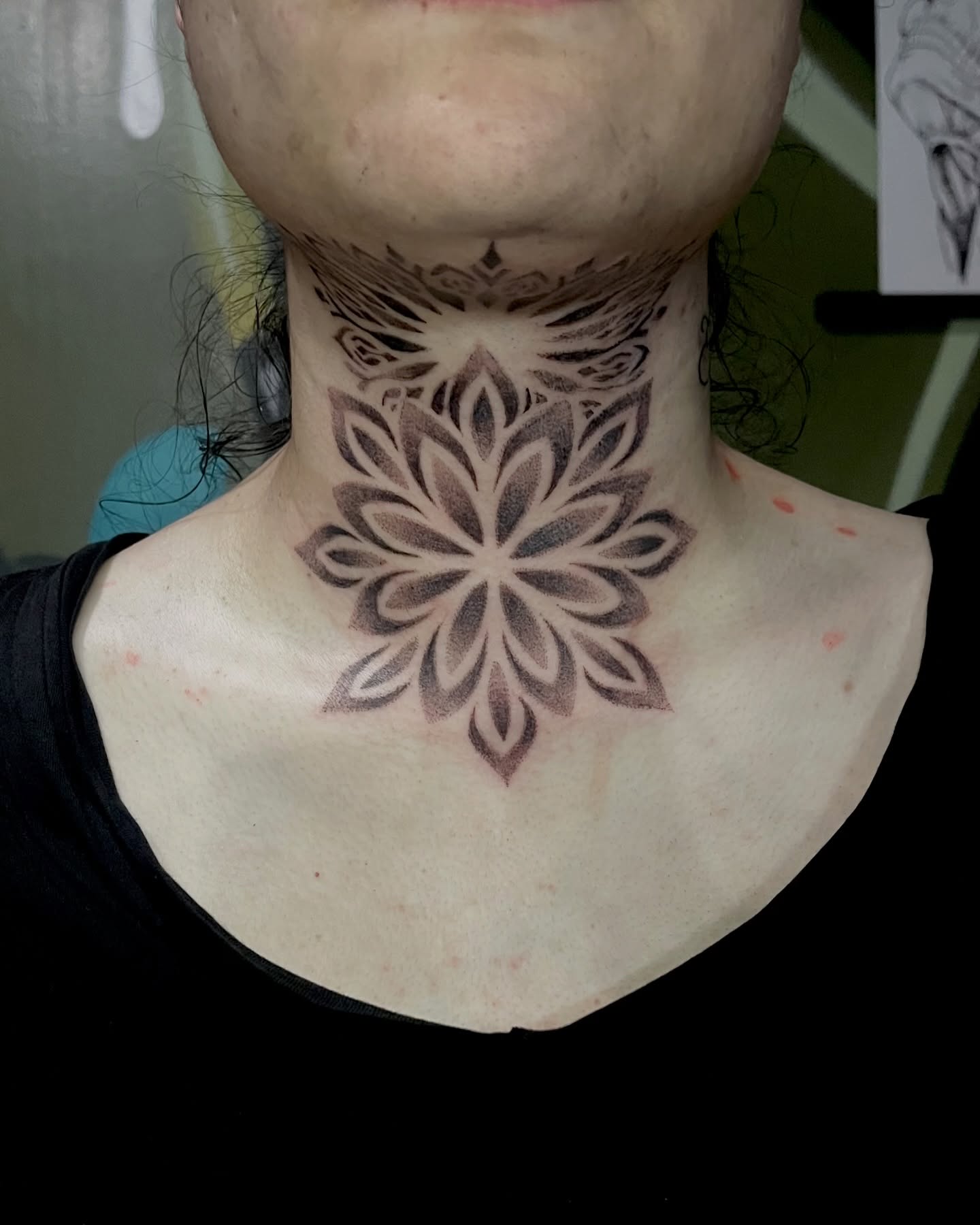 Lotus flower black and grey tattoo on the neck by EO, Chicago, Illinois