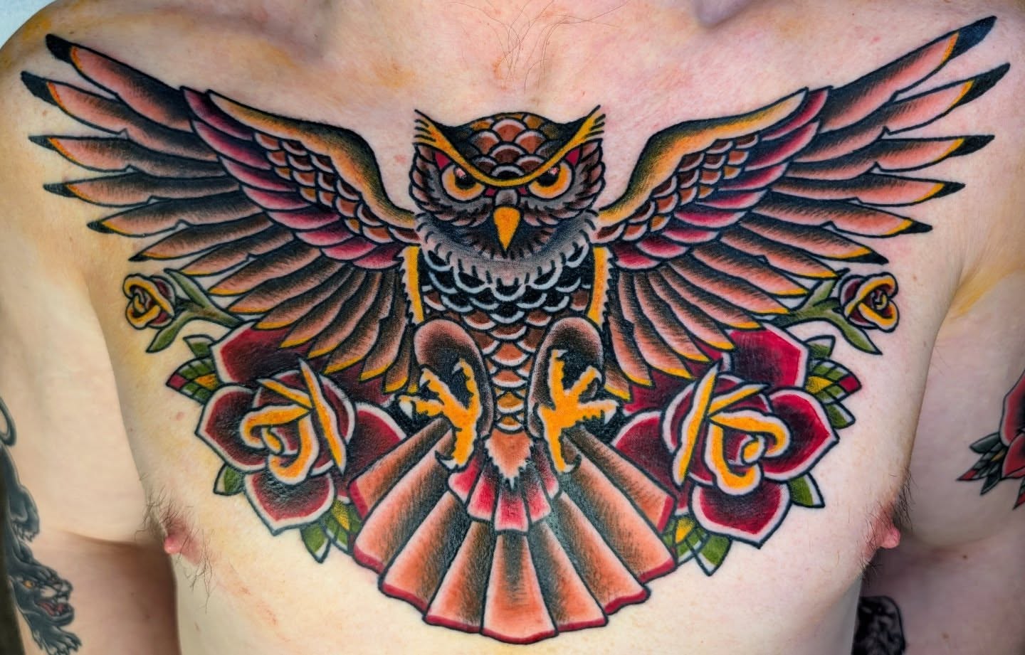 Owl American traditional tattoo on the chest by Erik O'Steen, Medford, Massachusetts