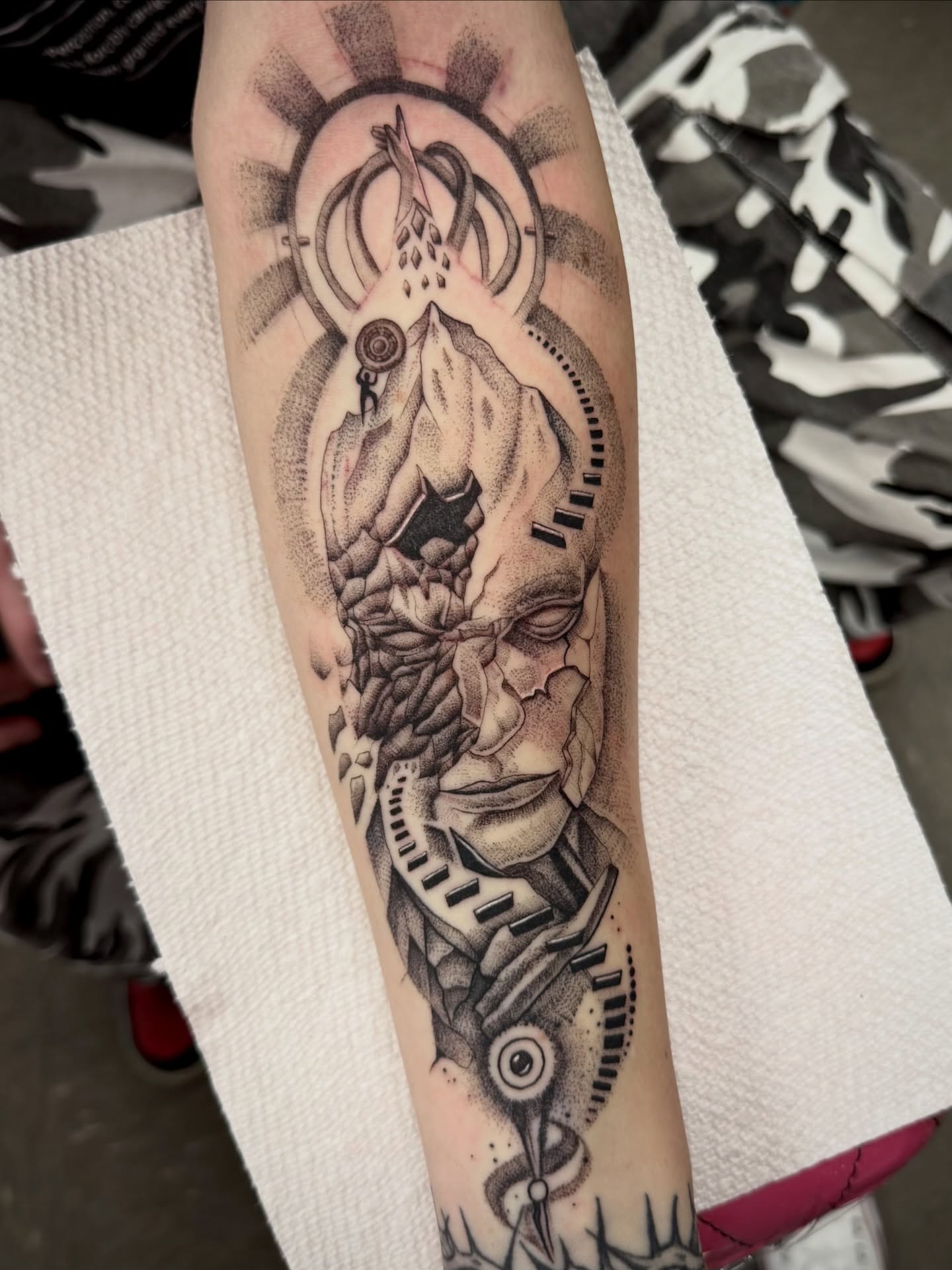 Cyborg head dotwork tattoo on the forearm by Samantha Jane