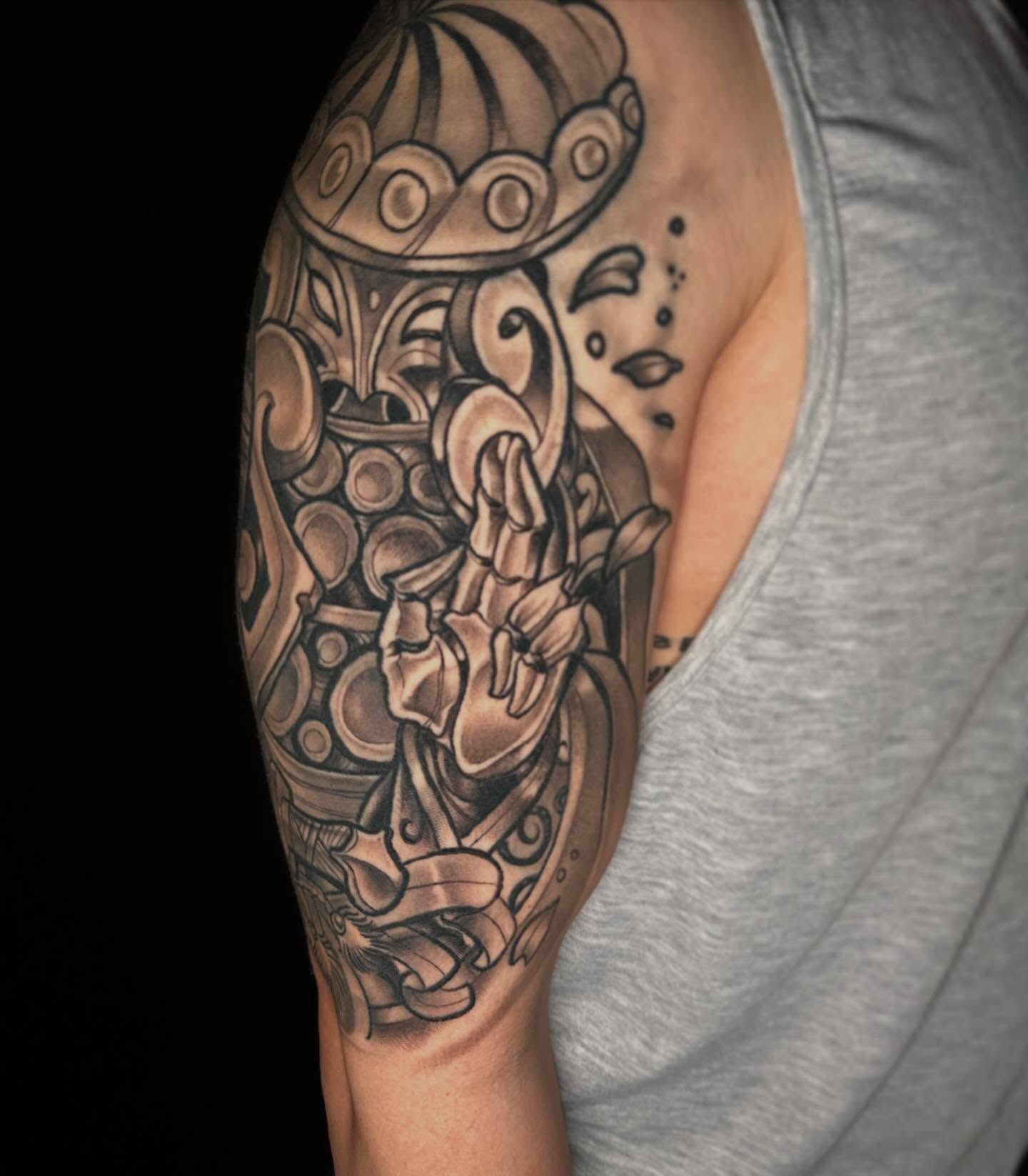Warrior helmet geometric tattoo on the forearm by John Milosh Chamberlin