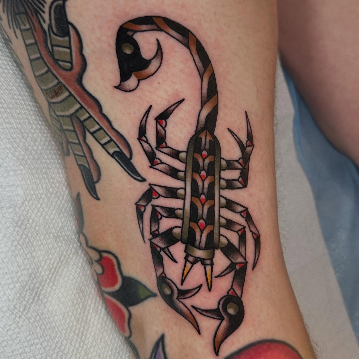 Scorpion American traditional tattoo on the forearm by Kyle Logan Frary