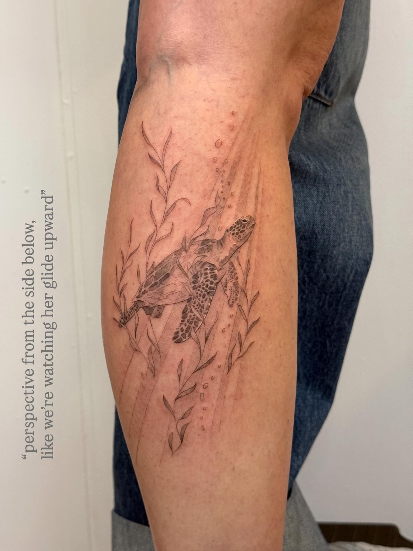 Sea turtle realism tattoo on the forearm by Justin Turkus