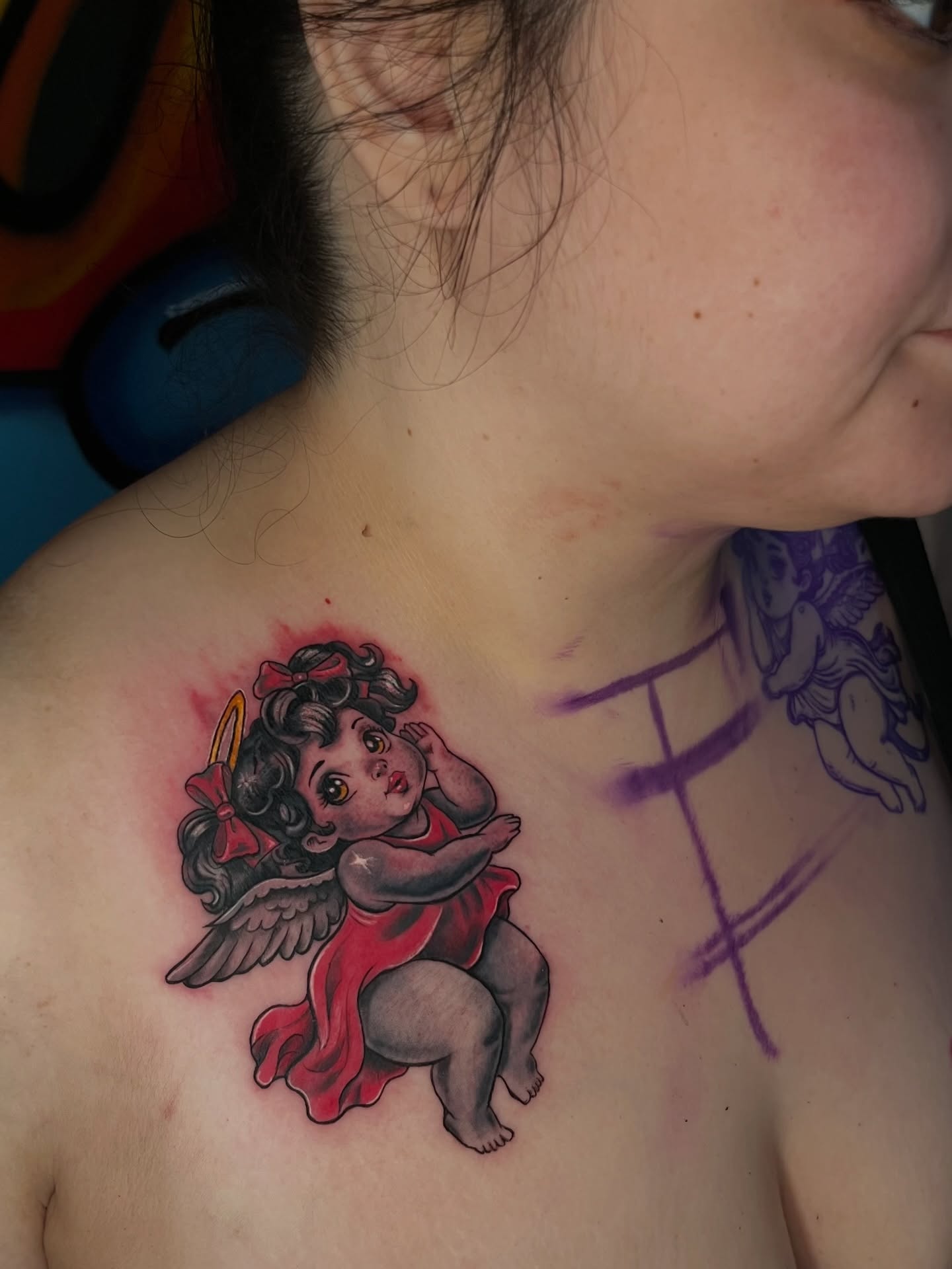Angel American traditional tattoo on the chest by Unknwn Ink ⭐️