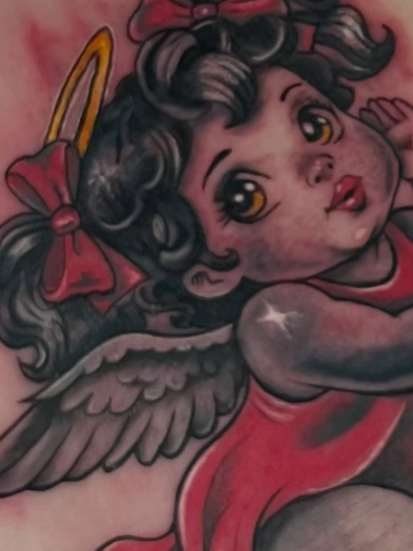 Angelic cherub American traditional tattoo on the torso by Unknwn Ink ⭐️