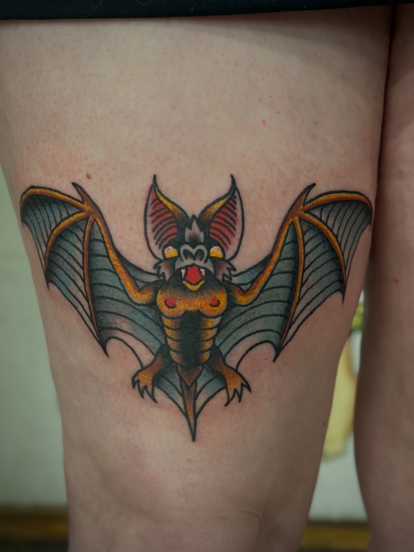 Bat American traditional tattoo on the thigh by Aaron ulfstam