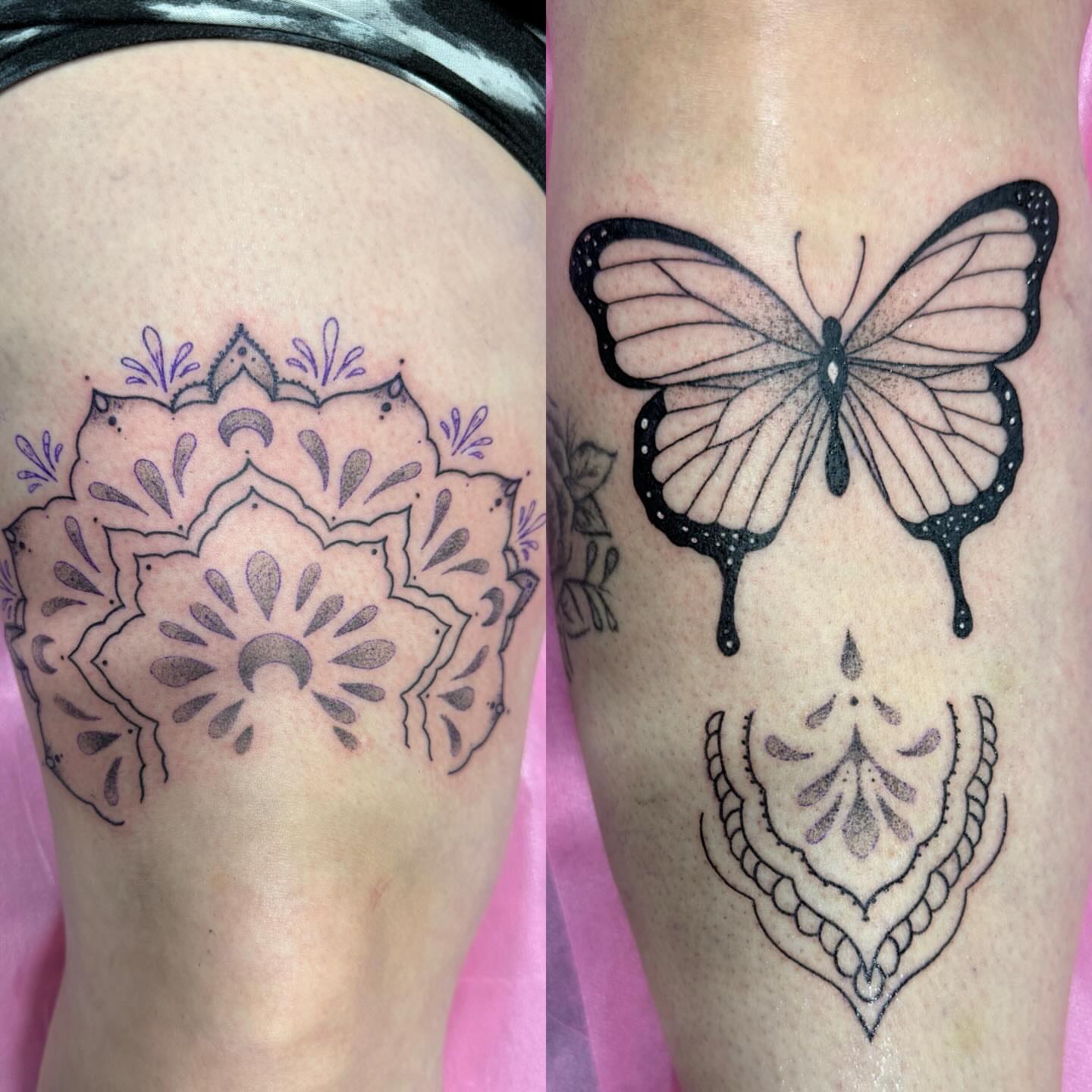 Mandala butterfly dotwork tattoo on the thigh by Scout Meyer