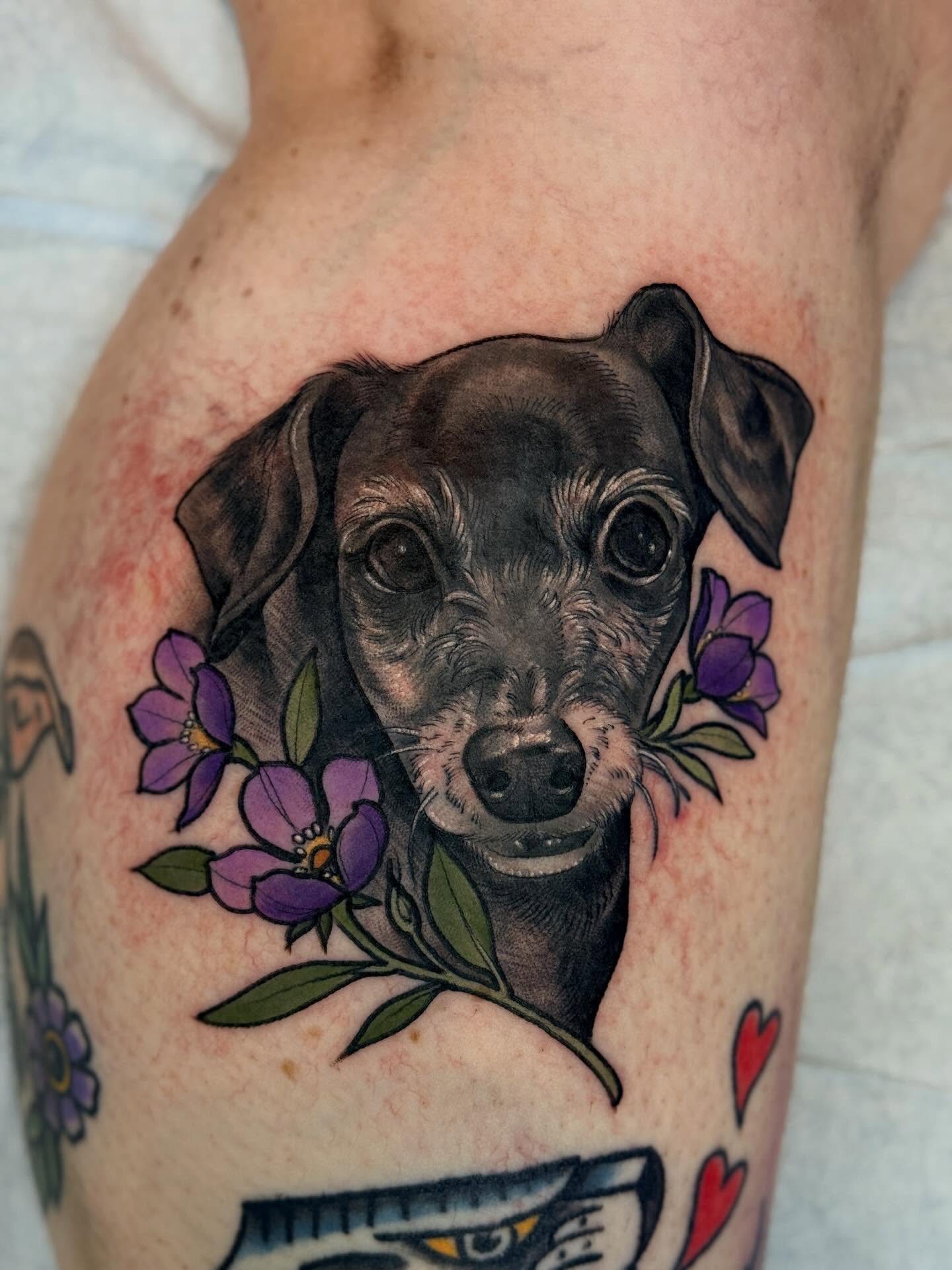 Dog portrait realism tattoo on the thigh by Rachael Shelly
